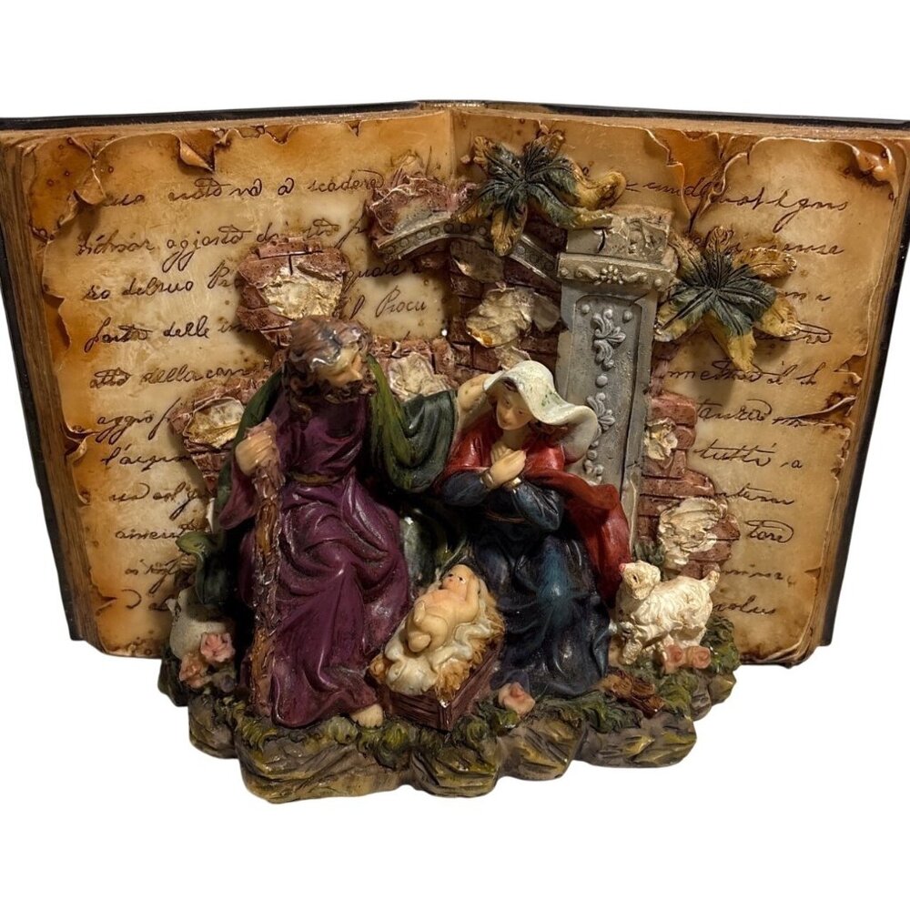 Nativity Scene 3D Bible Figurine With Holy Family & Animals Resin  8" Wide